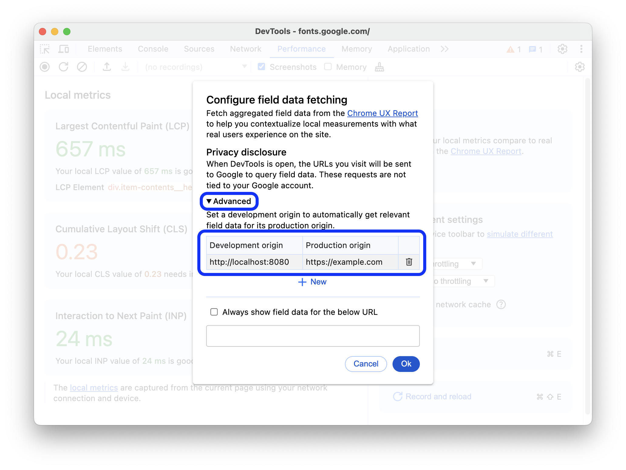 تصویر تنظیمات پیشرفته برای دادههای واقعی