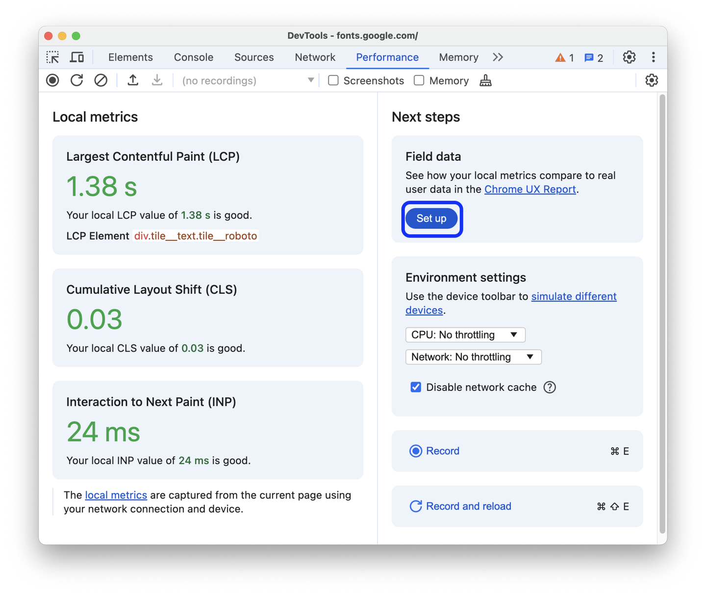 تصویر دکمه Set up برای داده‌های واقعی